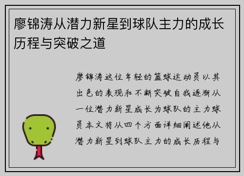 廖锦涛从潜力新星到球队主力的成长历程与突破之道